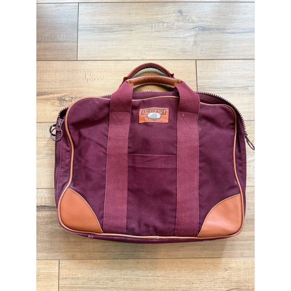 Vintage Lands End Canvas Briefcase Burgundy Leather Trim Made in USA Laptop Bag